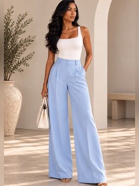 High-Waist Wide Leg Pants in Light Blue